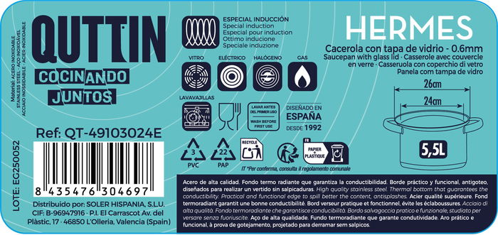 Inde Cacerola Acero Inoxidable con Tapa "Hermes" 24 cm (5.5 L) (4 Unidades)