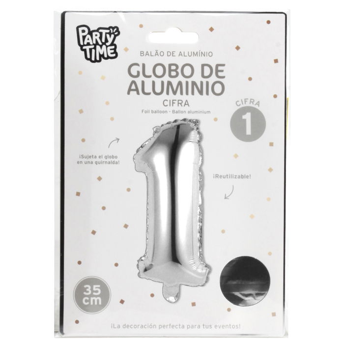 Party Time Globo Cifra 1 Plata Fiesta Aniversario Cumpleaños Altura 35 cm