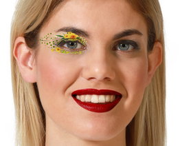 Tatuaje de ojos en verde con flores amarillas y motivos naturales