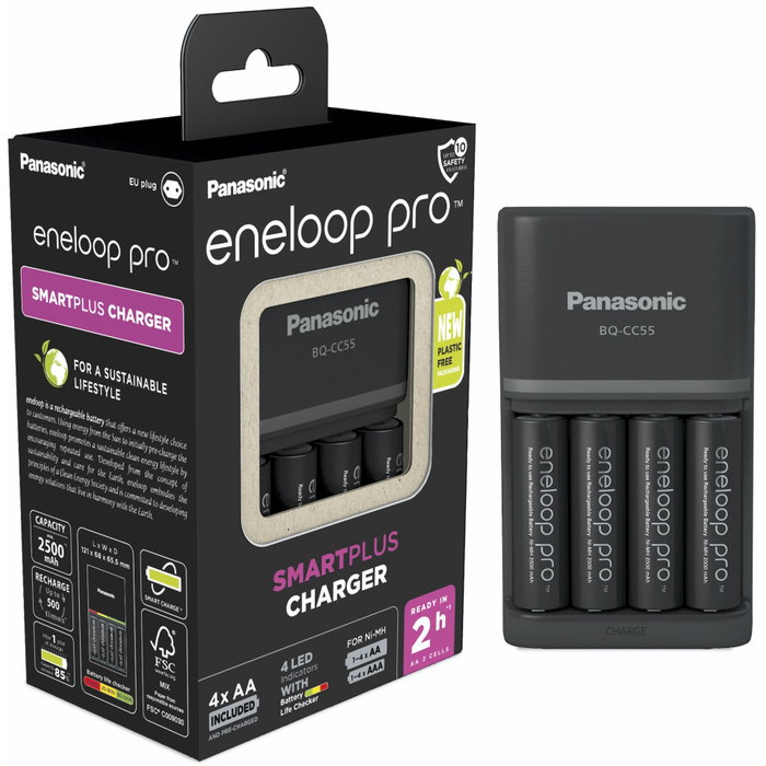 Panasonic Eneloop Smart Plus BQ-CC55 con 4 baterías AA 2500 mAh Panasonic Eneloop Smart Plus BQ-CC55 con 4 baterías AA 2500 mAh