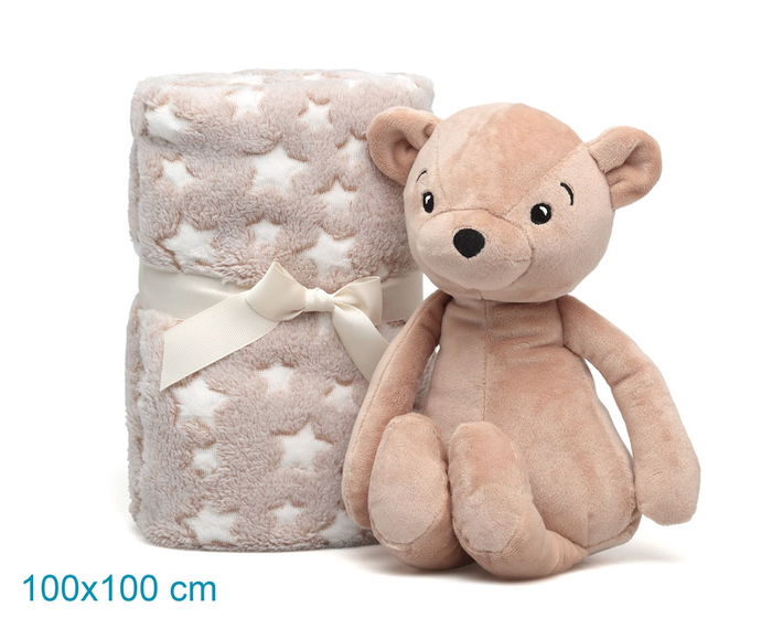 KioKids Oso de Peluche Marrón con Manta de Estrellas para Bebé, Suave, 25 cm