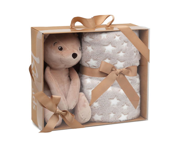 KioKids Oso de Peluche Marrón con Manta de Estrellas para Bebé, Suave, 25 cm