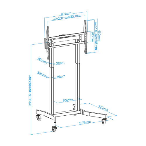 TooQ Soporte Suelo Pantallas 55"-100" FSM02-B Regulable Eléctricamente con Ruedas Negro