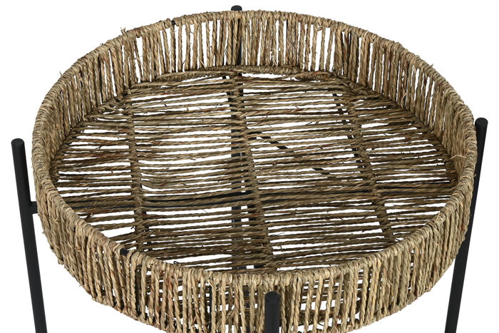 DKD Home Decor Mesita Auxiliar Balines Negro Natural Metal Fibra 49x49x44 cm Set de 2