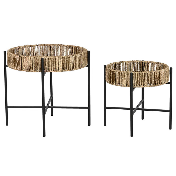 DKD Home Decor Set de 2 Mesitas Auxiliares de Metal y Fibra Negro y Natural DKD Home Decor Set de 2 Mesitas Auxiliares de Metal y Fibra Negro y Natural