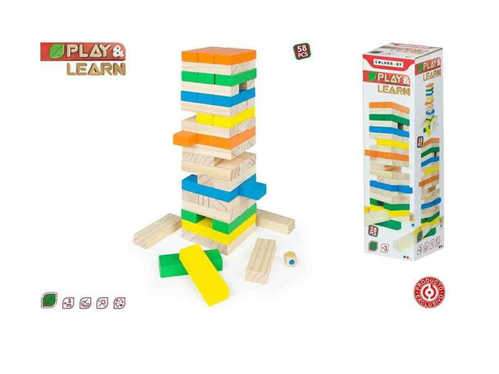 Woomax Torre de Bloques de Madera 26 cm con 58 Piezas para Niños a partir de 5 Años