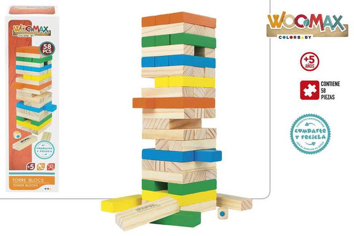 Woomax Torre de Bloques de Madera 26 cm con 58 Piezas para Niños a partir de 5 Años