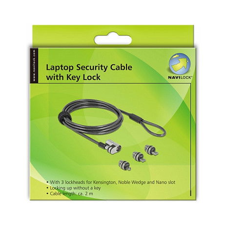 DeLOCK Navilock 20676 Cable de Seguridad para Portátil de 2 m con 3 Anclajes (Kensington, Wedge, Nano), Llave Redonda de Acero, Negro, Plata