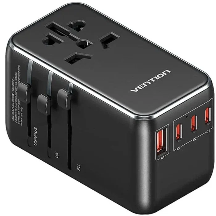 Vention FJGB0 Cargador de Pared GaN 120W Universal, 3 Puertos USB-C + 1 USB-A, Carga Rápida PD 100W para Laptop, 4 Enchufes Intercambiables para Viajes, Voltaje Mundial 100-250V
