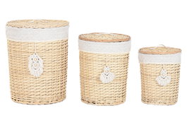 DKD Home Decor Set de 3 Cestas de Ropa de Mimbre y Poliéster Natural