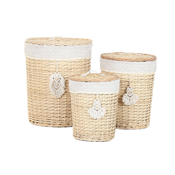DKD Home Decor Set de 3 Cestas de Ropa de Mimbre y Poliéster Natural DKD Home Decor Set de 3 Cestas de Ropa de Mimbre y Poliéster Natural