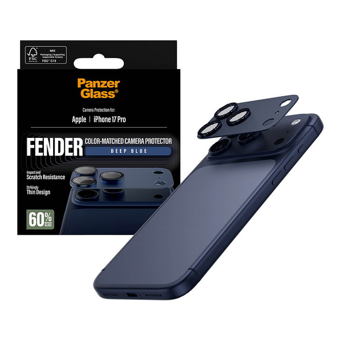 PanzerGlass Protector de Cámara Fender para iPhone 17 Pro - Azul Oscuro, Vidrio Templado, Aplicación en Seco, Resistente a Golpes y Rayones