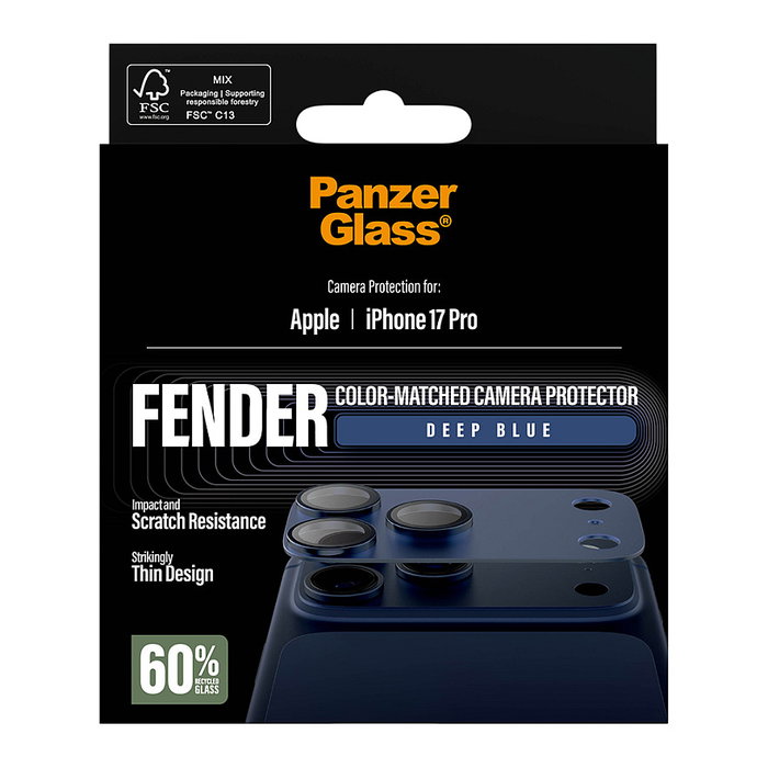 PanzerGlass Protector de Cámara Fender para iPhone 17 Pro - Azul Oscuro, Vidrio Templado, Aplicación en Seco, Resistente a Golpes y Rayones