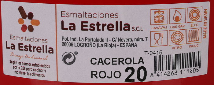 La Estrella Cacerola Esmaltada con Tapa 20 cm Rojo - Dimensiones: 22,3 cm ancho, 12,4 cm alto, 28,2 cm largo (6 Unidades)