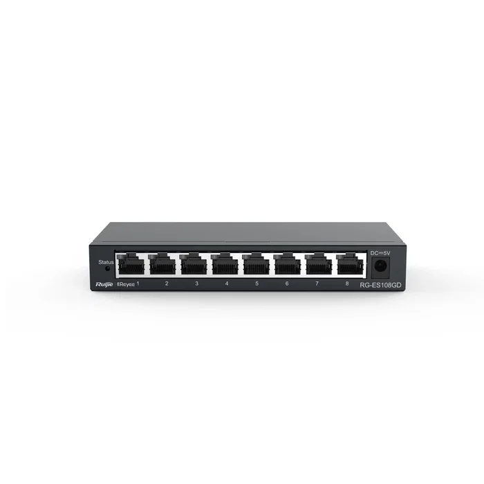 Ruijie Networks Switch No Administrado Gigabit 8 Puertos (10/100/1000) RG-ES108GD, Caja Acero Negro, Sin Ventilador, Apilable, Alta Fiabilidad