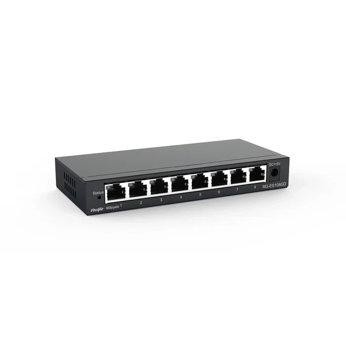 Ruijie Networks Switch No Administrado Gigabit 8 Puertos (10/100/1000) RG-ES108GD, Caja Acero Negro, Sin Ventilador, Apilable, Alta Fiabilidad