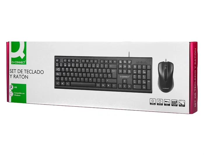 Q-connect Set Teclado y Ratón con Cable, USB, Color Negro