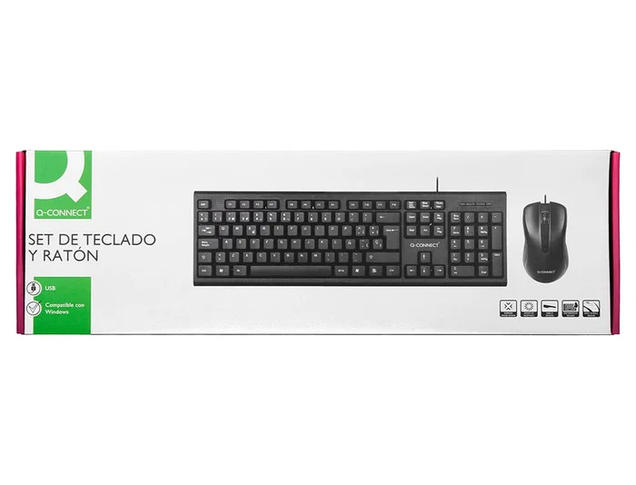 Q-connect Set Teclado y Ratón con Cable, USB, Color Negro