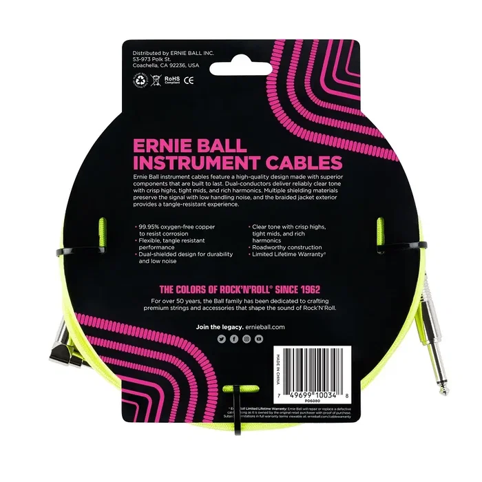 Ernieball Cable de Instrumento Trenzado Jack-Jack 2.54 M Neon/Amarillo