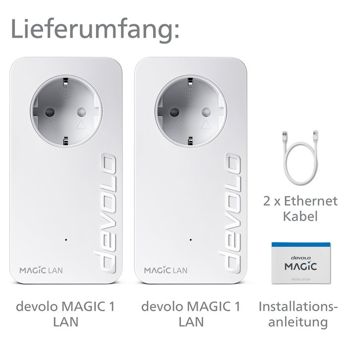 Devolo Magic 1 LAN Powerline Starter Kit 1200 Mbit/s, 2 Adaptadores PLC con 1 Puerto Gigabit LAN Cada Uno, WiFi No, Blanco, Compatible Windows Mac Linux Android iOS