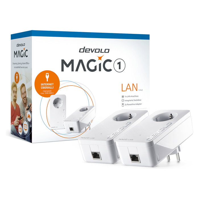 Devolo Magic 1 LAN Powerline Starter Kit 1200 Mbit/s, 2 Adaptadores PLC con 1 Puerto Gigabit LAN Cada Uno, WiFi No, Blanco, Compatible Windows Mac Linux Android iOS