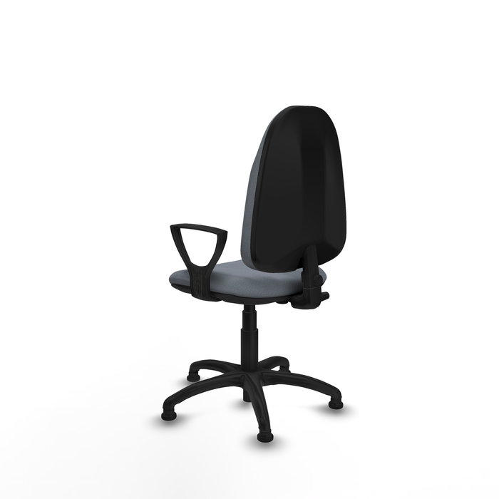 Silla de oficina Algarra con mecanismo Contacto permanente básico tapizada con Tela color Gris. Equipada con Base poliamida negra, Brazos fijosy Topes