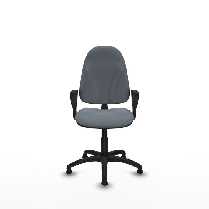 Silla de oficina Algarra con mecanismo Contacto permanente básico tapizada con Tela color Gris. Equipada con Base poliamida negra, Brazos fijosy Topes