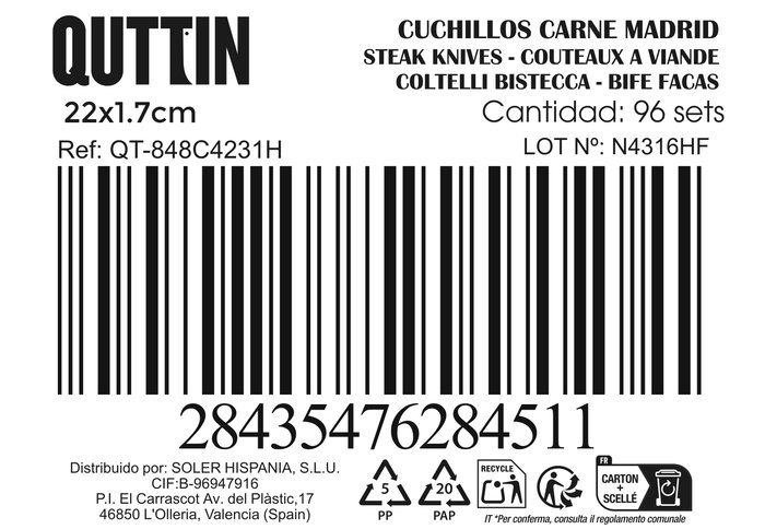 Inde Set de 2 Cuchillos para Carne de Cocina y Mesa Madrid, Hoja 21 cm, Colección 821 (12 Cajas)