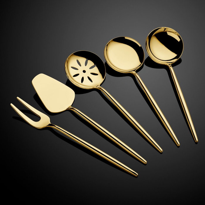 Hermia Almeria - Gold Juego de Servicio 5 Piezas Acero Inoxidable PVD Titanio Dorado Incluye Cuchara, Tenedor, Espátula y Colador