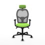 Silla de oficina Jorquera con mecanismo Sincro tapizada con Tela color Pistacho y malla color Gris. Equipada con lumbar 1D, Brazos 1D, Cabecero 2D y Ruedas 65mm nailon