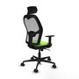 Silla de oficina Jorquera con mecanismo Sincro tapizada con Tela color Pistacho y malla color Gris. Equipada con lumbar 1D, Brazos 1D, Cabecero 2D y Ruedas 65mm nailon