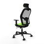 Silla de oficina Jorquera con mecanismo Sincro tapizada con Tela color Pistacho y malla color Gris. Equipada con lumbar 1D, Brazos 1D, Cabecero 2D y Ruedas 65mm nailon