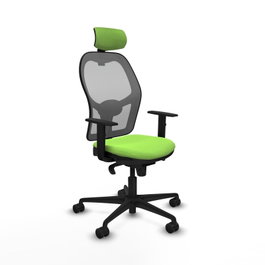 Silla de oficina Jorquera con mecanismo Sincro tapizada con Tela color Pistacho y malla color Gris. Equipada con lumbar 1D, Brazos 1D, Cabecero 2D y Ruedas 65mm nailon