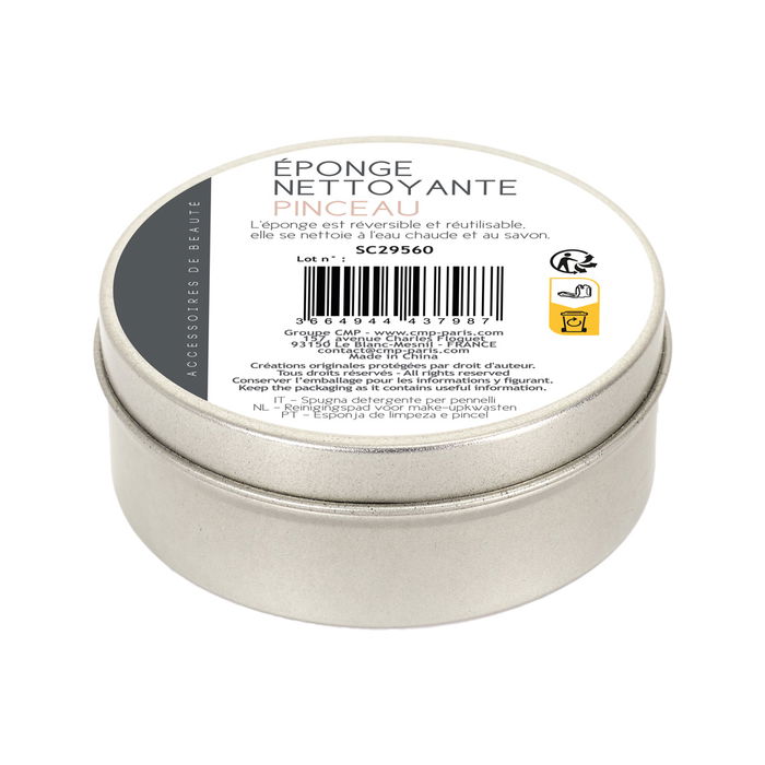 Cosmetic Club Esponja Limpiadora de Brochas de Maquillaje, Limpieza en Seco, En Bote Metálico Hermético d.8 cm h.3 cm