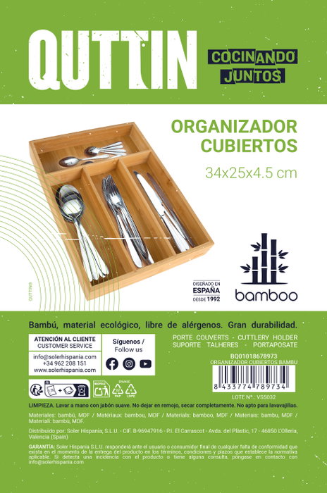 Inde Organizador de Cubiertos de Bambú 34,3 cm x 25,4 cm x 4,6 cm (12 Unidades)