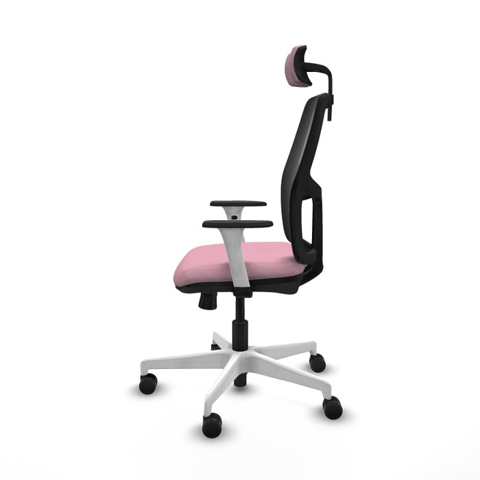 Silla Alfera Ideal para oficina con respaldo fijo, apoyo lumbar regulable, cabecero regulable, brazos blancos y mecanismo Sincro/Traslack, perfecta para 120 Kg