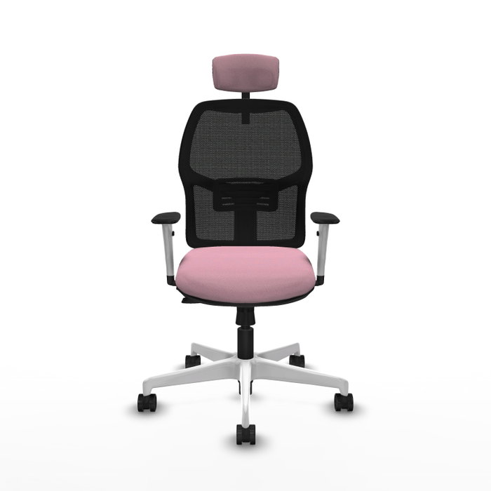 Silla Alfera Ideal para oficina con respaldo fijo, apoyo lumbar regulable, cabecero regulable, brazos blancos y mecanismo Sincro/Traslack, perfecta para 120 Kg