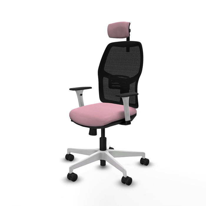 Silla Alfera Ideal para oficina con respaldo fijo, apoyo lumbar regulable, cabecero regulable, brazos blancos y mecanismo Sincro/Traslack, perfecta para 120 Kg