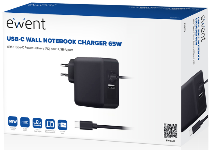 EWENT Cargador de pared EW3978 65W con USB-C PD y USB-A Negro EWENT Cargador de pared EW3978 65W con USB-C PD y USB-A Negro