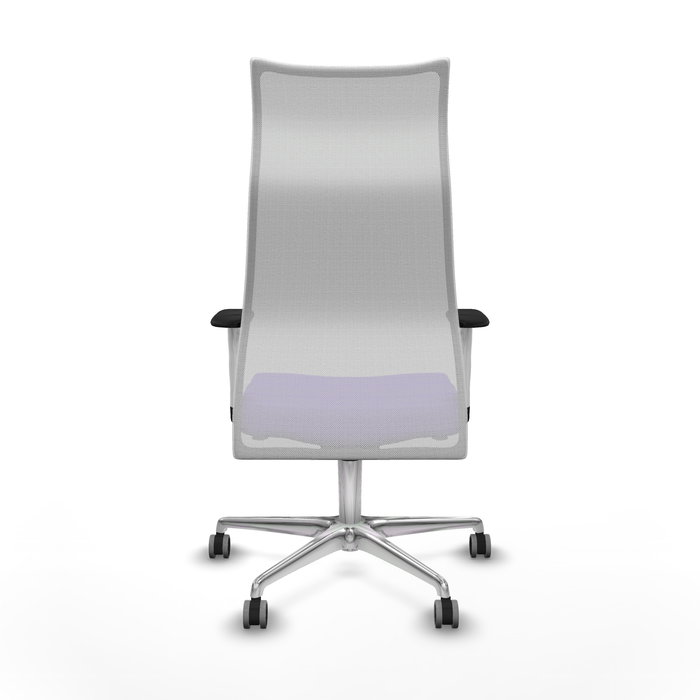 Sillón Albacete con mecanismo Sincro tapizada con Tela color Lila y malla color Blanco. Equipado con Base aluminio, Brazos 1D y Ruedas 65 mm parqué