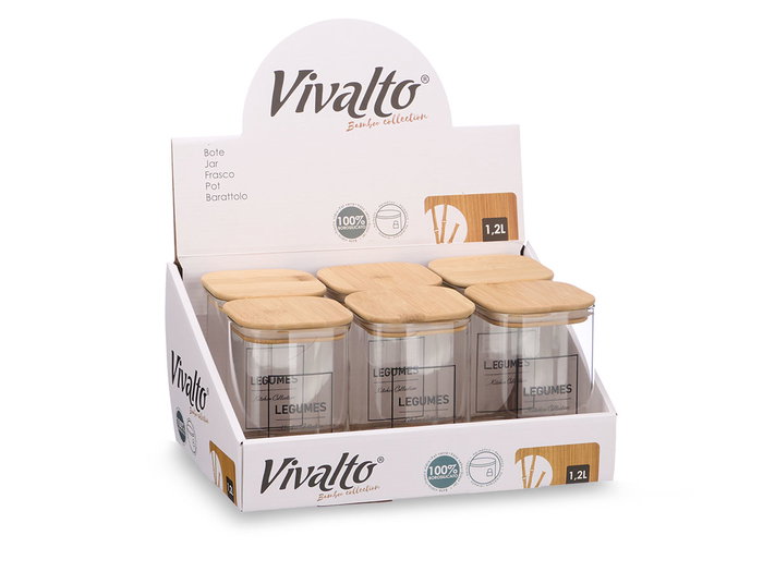 Vivalto Bote Cuadrado Borosilicato Tapa Bambú Legumbres 1.2L 10x15.7x10 cm (Set de 12)