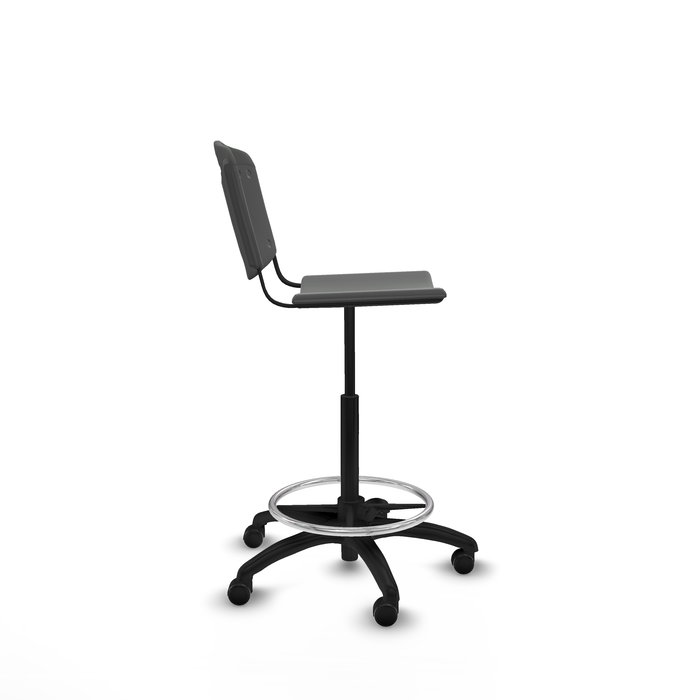 Taburete Robledo con mecanismo Giratorio de PVC color Gris oscuro. Equipado con Base poliamida negra, Sin brazos y Ruedas autofrenantes