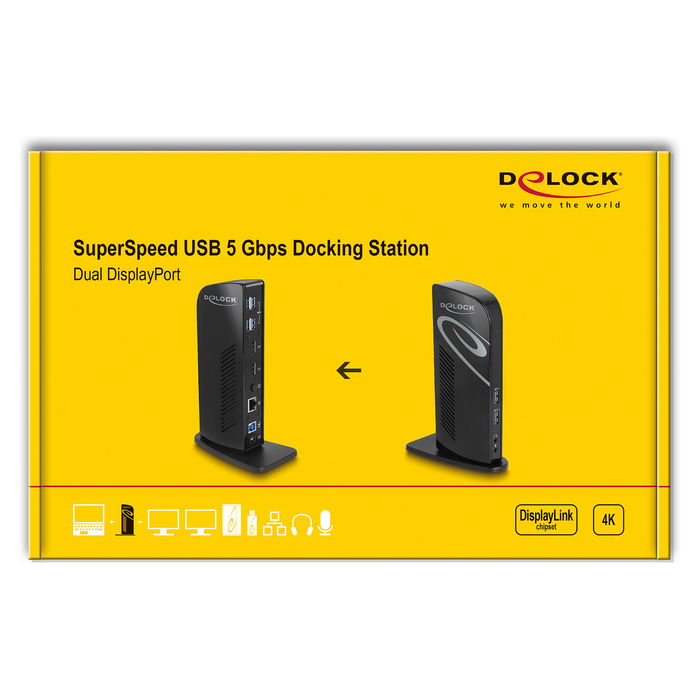 DeLOCK Docking Station USB-C con 6 Puertos USB 3.2, 2 DisplayPort 4K 60Hz, Ethernet LAN Gigabit, Audio 3.5mm y Carga, Negro, para Windows 10/11 y macOS