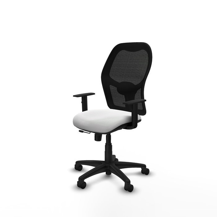 Silla de oficina Alocén con mecanismo Sincro/Traslack tapizada con Tela color Blanco y malla color Negro. Equipada con lumbar 1D, Brazos 1D y Ruedas de nailon 50 mm