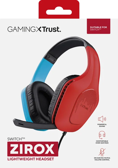 Trust GXT 416S Zirox Auriculares Gaming Alámbricos con Micrófono Boom para Consolas, Circumaural, Diadema Ajustable, Conector 3.5 mm, Negro/Cian/Rojo
