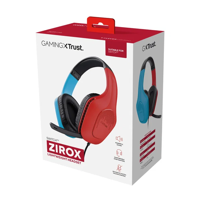 Trust GXT 416S Zirox Auriculares Gaming Alámbricos con Micrófono Boom para Consolas, Circumaural, Diadema Ajustable, Conector 3.5 mm, Negro/Cian/Rojo