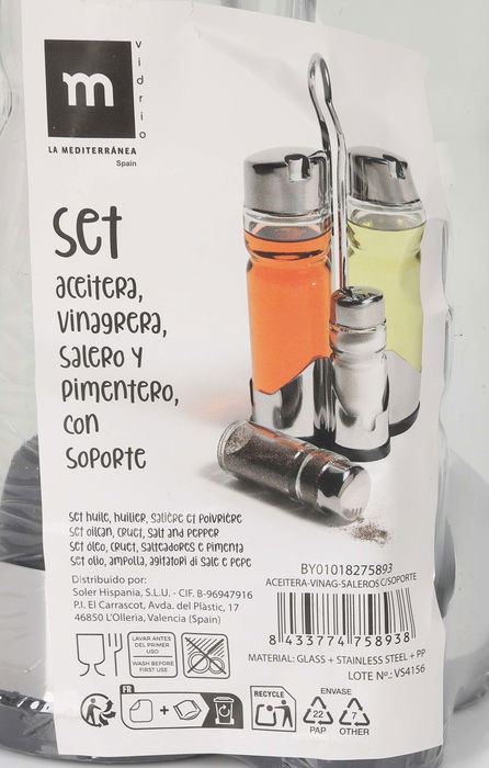 Anna Set Aceitera, Vinagrera y Saleros con Soporte Anna 10 cm (Ancho) x 21 cm (Alto) x 10 cm (Largo) (12 Unidades)