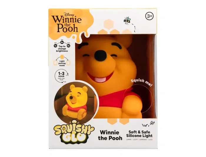 Wondee Lámpara Recargable SquishyGlo Winnie the Pooh - Luz Nocturna de Silicona, 3 Niveles Intensidad, Apagado Automático