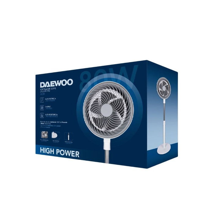 DAEWOO Ventilador de Pie High Speed, 80W, Diámetro 25cm (10"), Base Redonda, Color Blanco