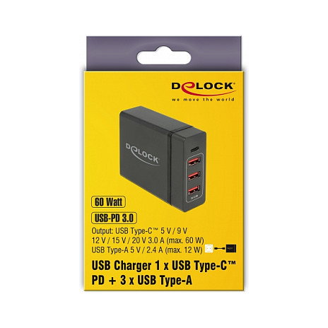 DeLOCK Cargador de pared 63974 con 1 USB Tipo-C y 3 USB-A de 60 W